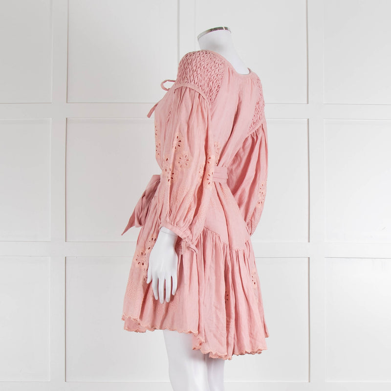Innika Choo Peach Embroidered Mini Belted Linen Dress