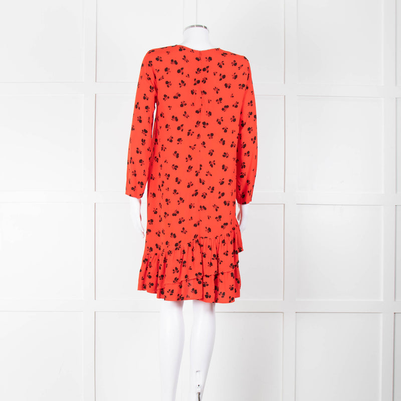 Ganni Orange Black Print Frill Trim Short Dress