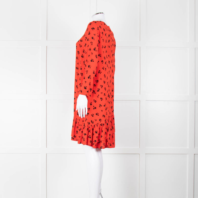 Ganni Orange Black Print Frill Trim Short Dress
