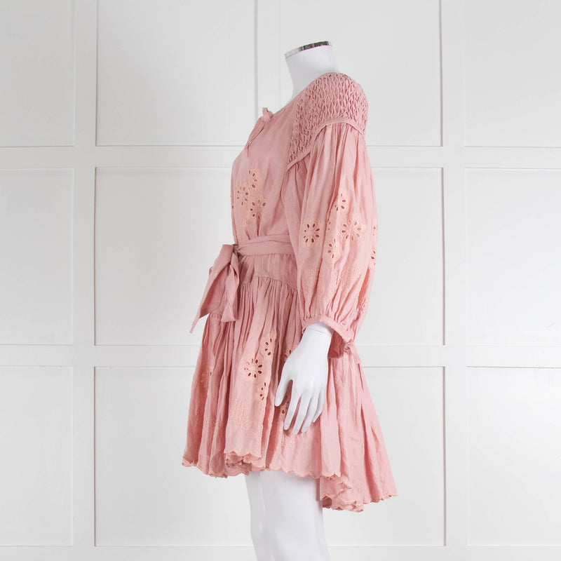 Innika Choo Peach Embroidered Mini Belted Linen Dress