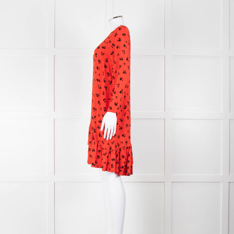Ganni Orange Black Print Frill Trim Short Dress