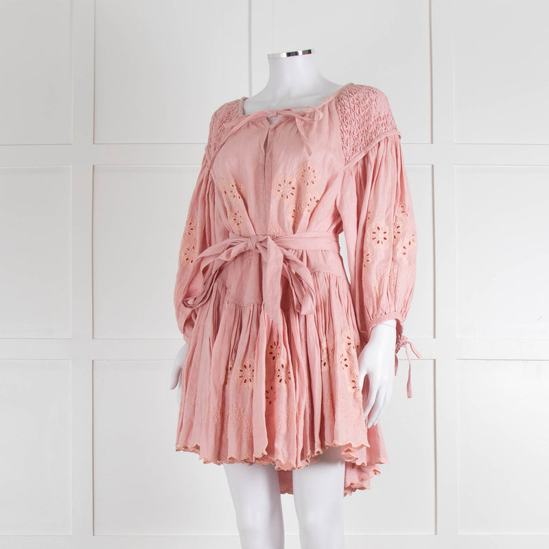 Innika Choo Peach Embroidered Mini Belted Linen Dress