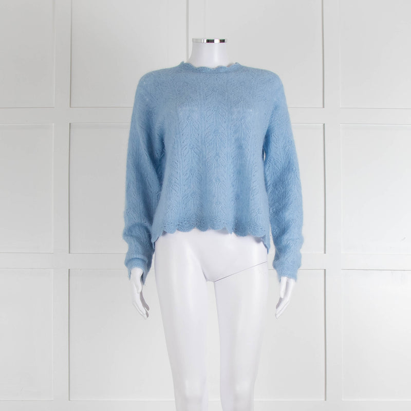 La Maille Sezane Sky Blue Mohair Wool Blend Lace Knit Jumper