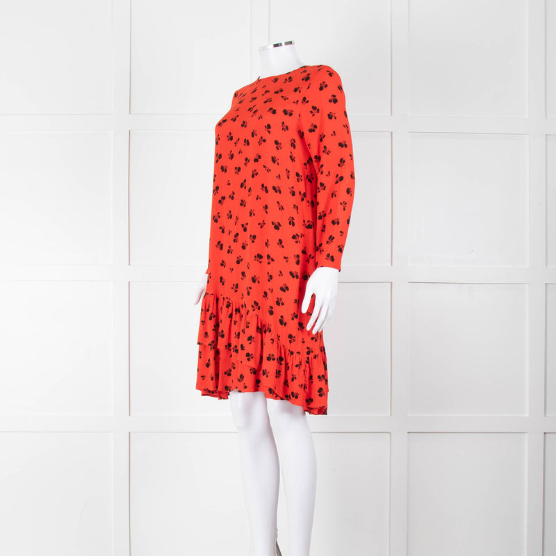 Ganni Orange Black Print Frill Trim Short Dress