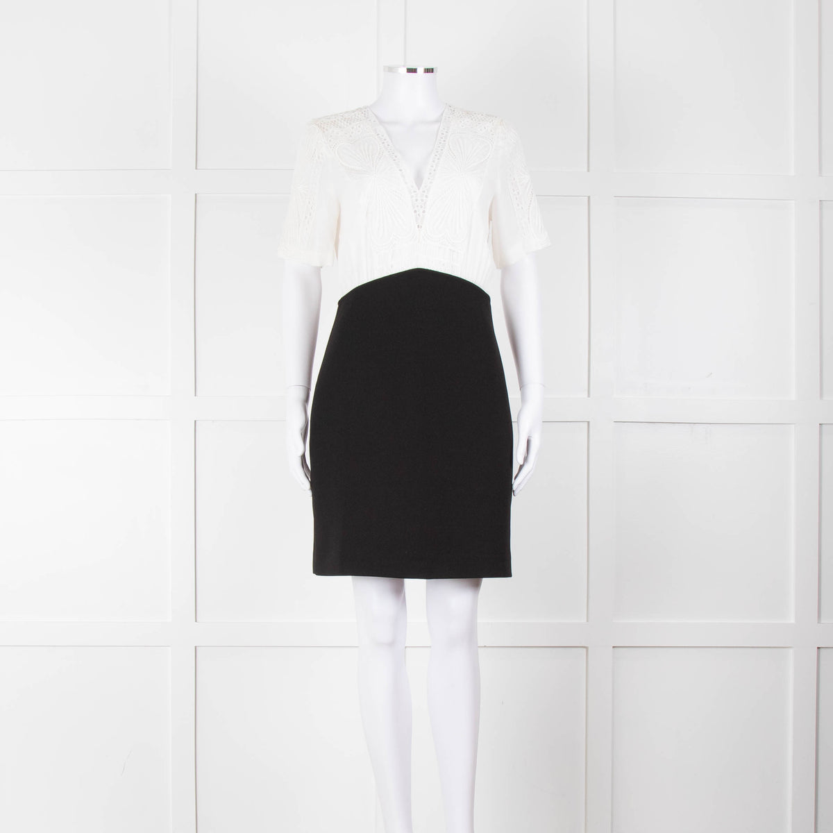 Maje White Lace Detail Top Black Bottom Short Dress