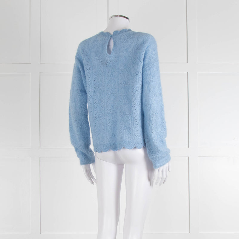La Maille Sezane Sky Blue Mohair Wool Blend Lace Knit Jumper