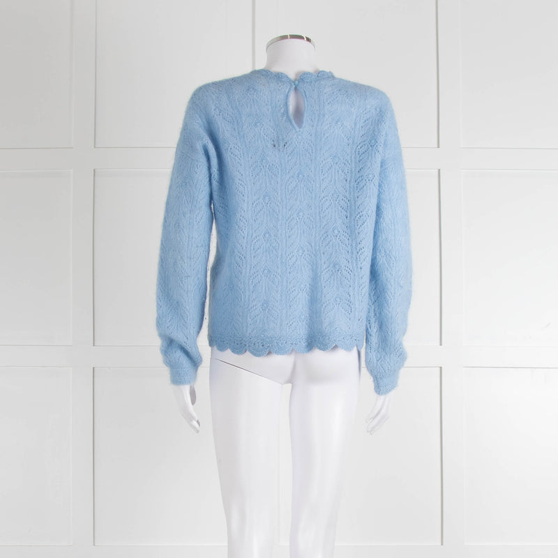 La Maille Sezane Sky Blue Mohair Wool Blend Lace Knit Jumper