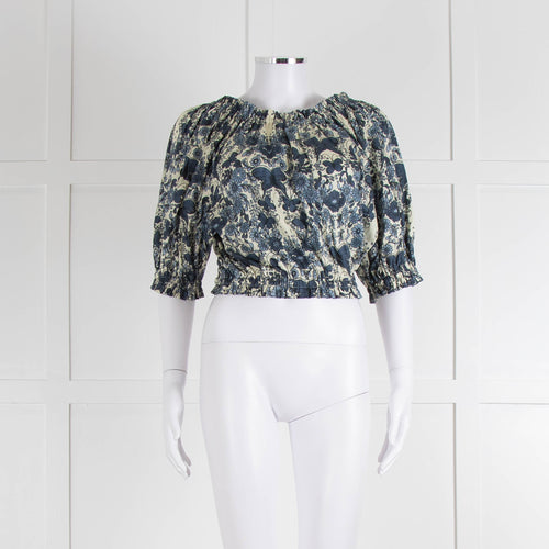 Anna Mason Cream Blue Floral Elasticated Trim Cropped Top