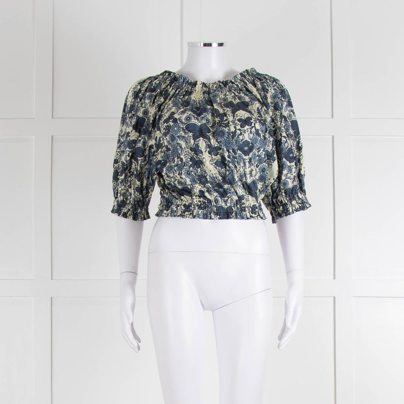 Anna Mason Cream Blue Floral Elasticated Trim Cropped Top