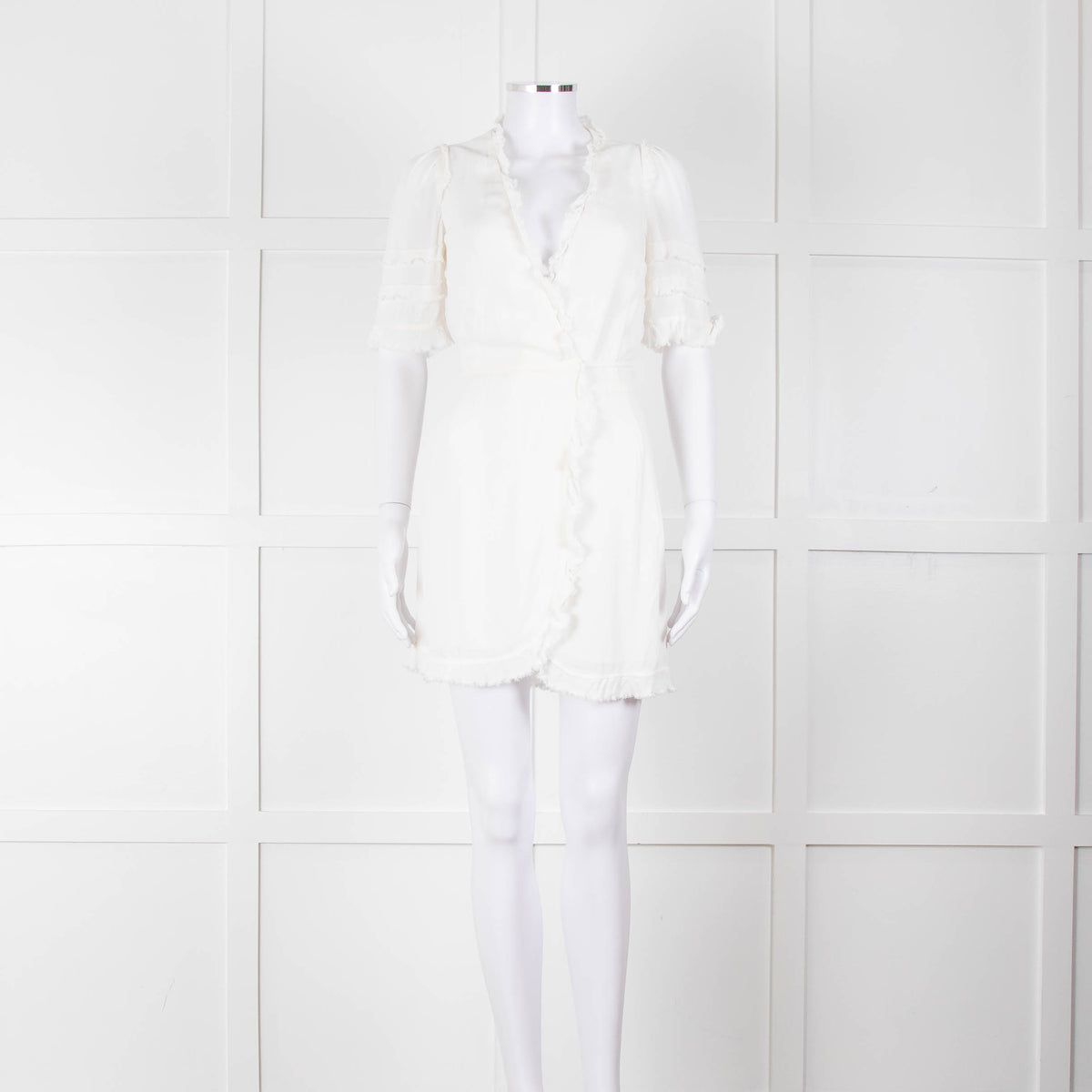Reformation White Raw Edge Wrap Short Sleeve Dress