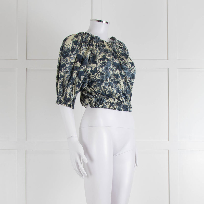 Anna Mason Cream Blue Floral Elasticated Trim Cropped Top