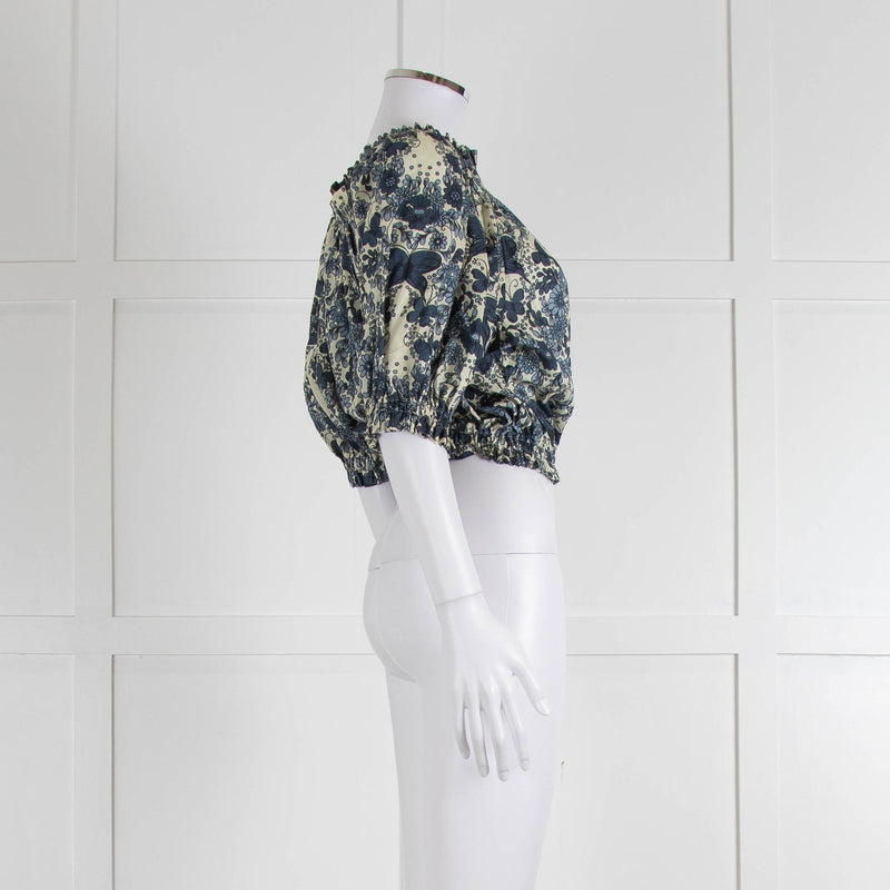 Anna Mason Cream Blue Floral Elasticated Trim Cropped Top