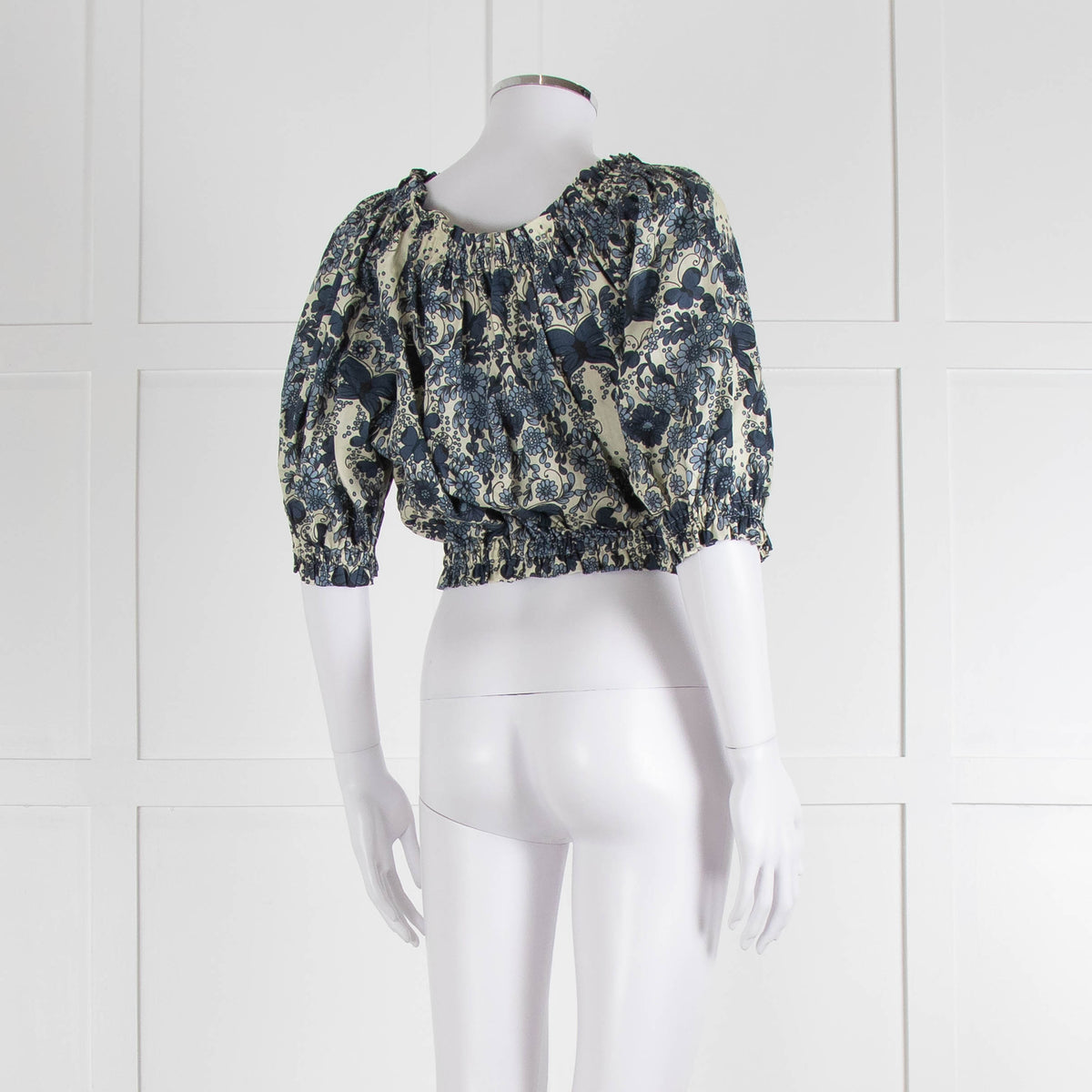Anna Mason Cream Blue Floral Elasticated Trim Cropped Top