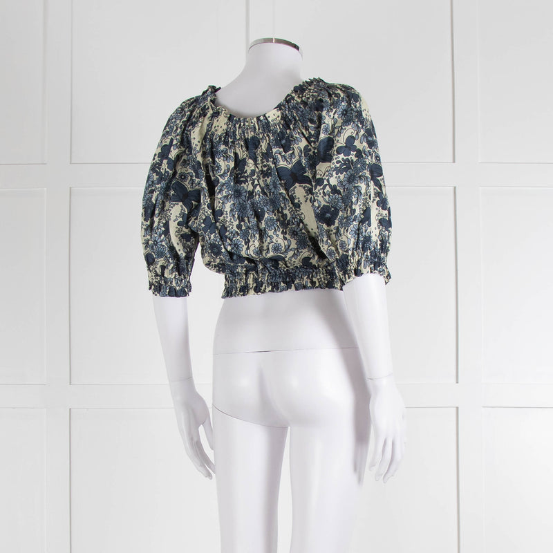 Anna Mason Cream Blue Floral Elasticated Trim Cropped Top