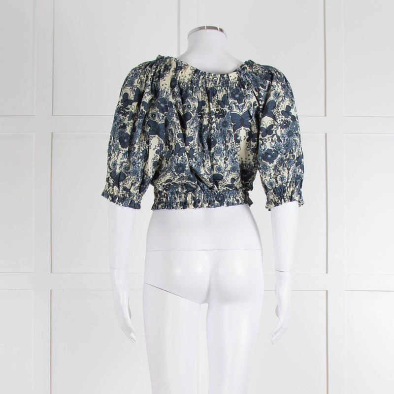 Anna Mason Cream Blue Floral Elasticated Trim Cropped Top