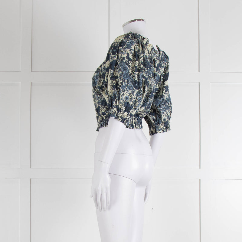 Anna Mason Cream Blue Floral Elasticated Trim Cropped Top