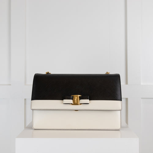 Salvatore Ferragamo Black & Cream Ginny Shoulder Bag with Gold Hardware