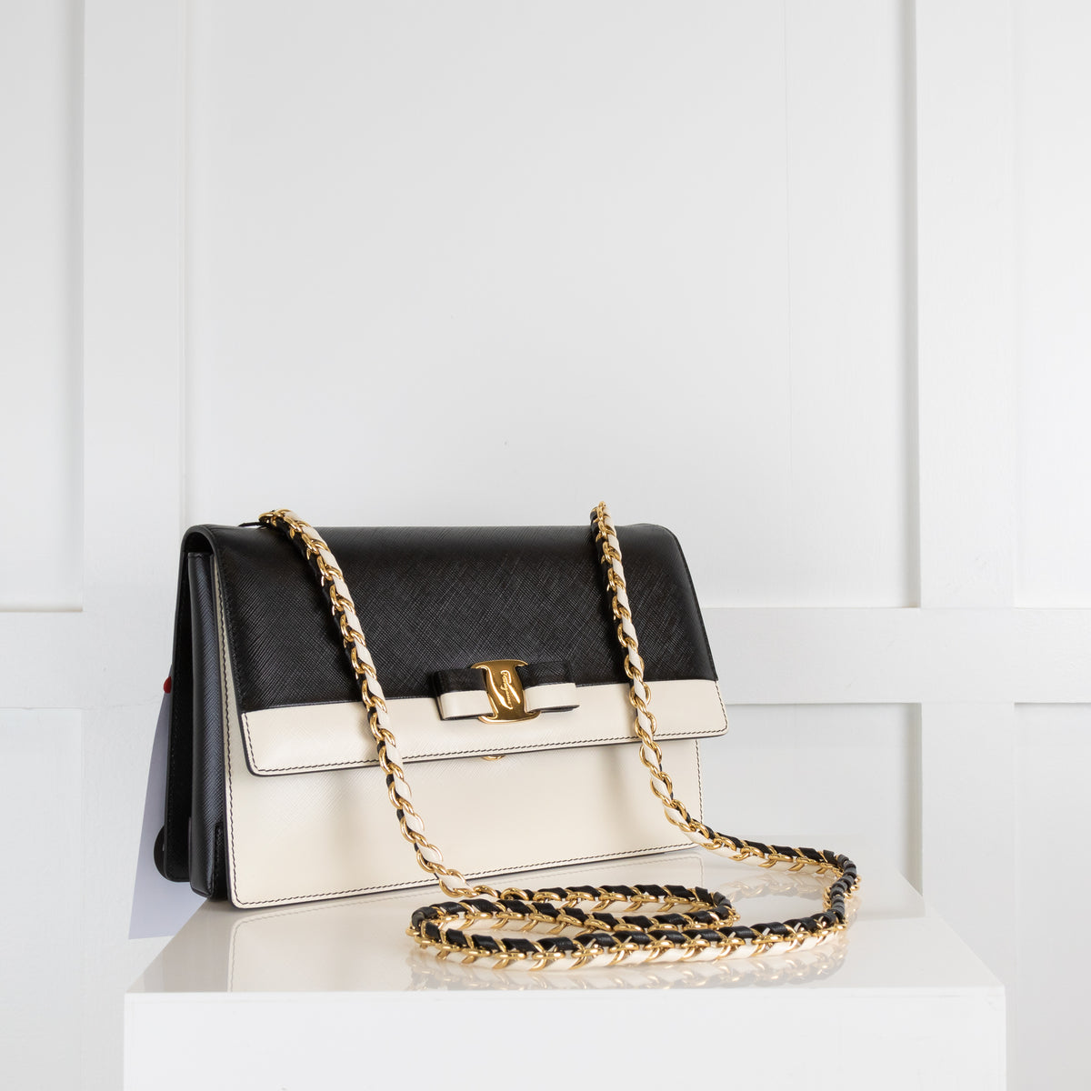 Salvatore Ferragamo Black & Cream Ginny Shoulder Bag with Gold Hardware