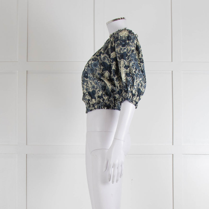 Anna Mason Cream Blue Floral Elasticated Trim Cropped Top