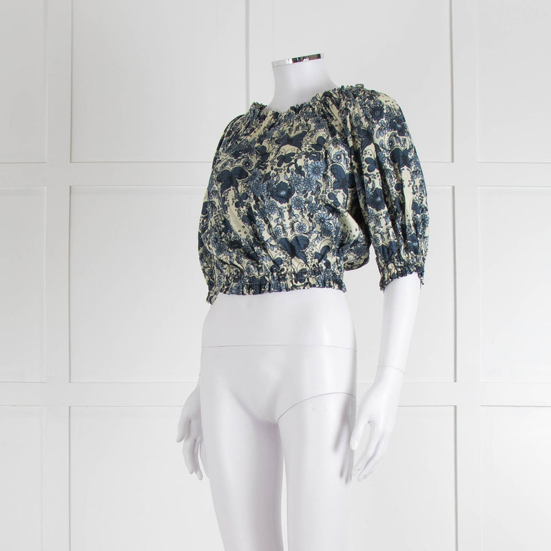 Anna Mason Cream Blue Floral Elasticated Trim Cropped Top