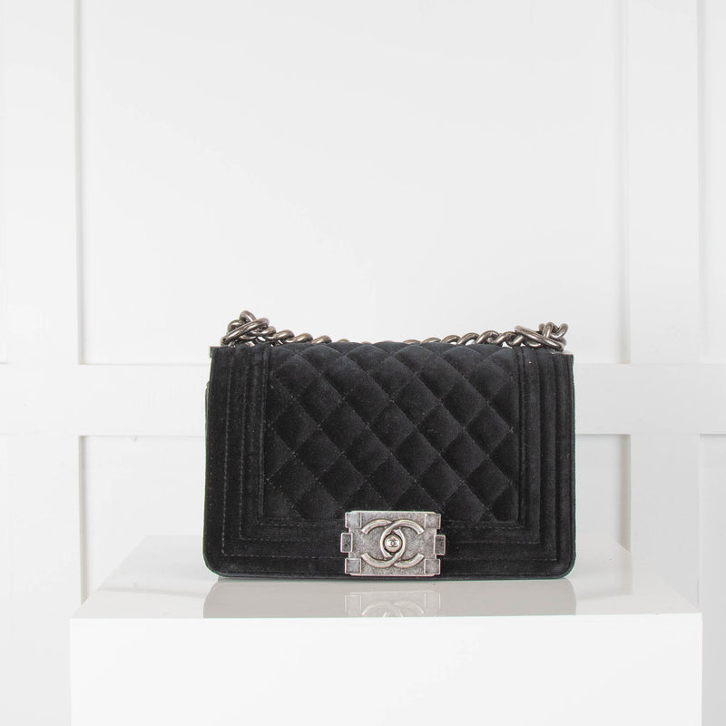 Chanel Black Velvet Ruthenium Chain Small Flap Boy Handbag