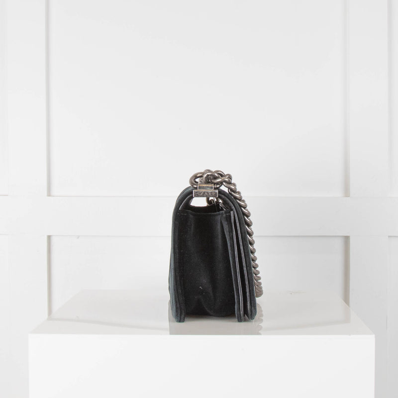 Chanel Black Velvet Ruthenium Chain Small Flap Boy Handbag