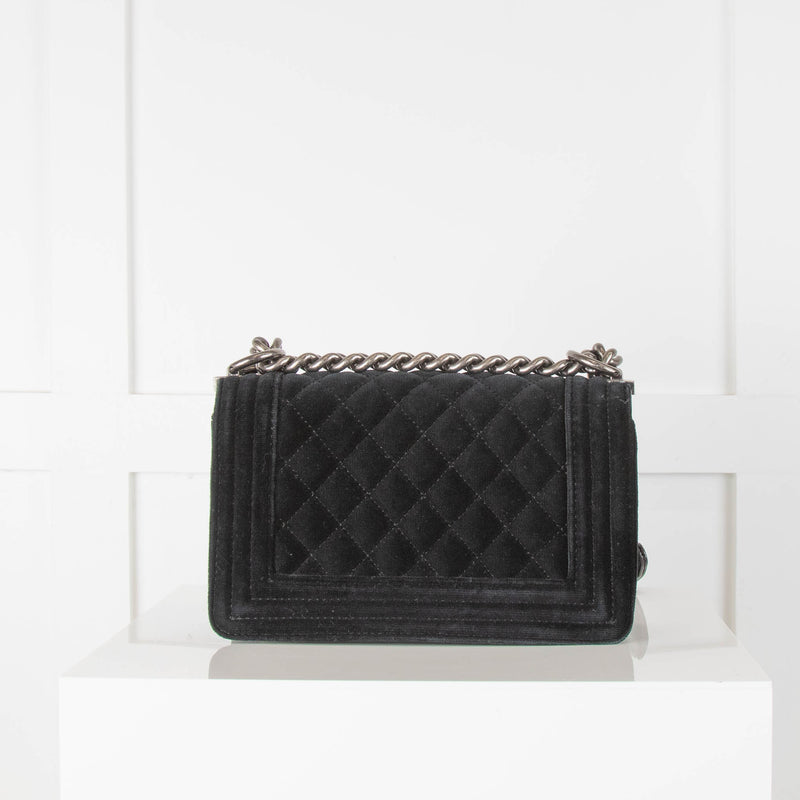 Chanel Black Velvet Ruthenium Chain Small Flap Boy Handbag