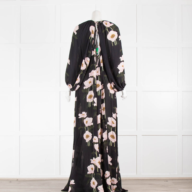 Bernadette Black Maxi Dress With Pink Peonies & Long Sleeves