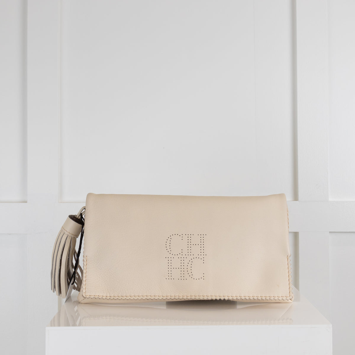 Carolina Herrera Cream Leather Clutch with Tassle and Chain Strape