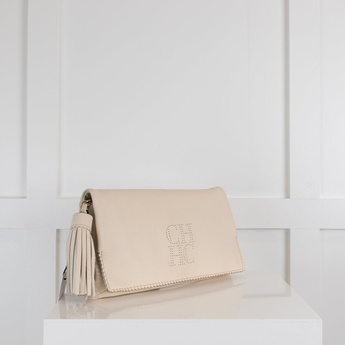 Carolina Herrera Cream Leather Clutch with Tassle and Chain Strape