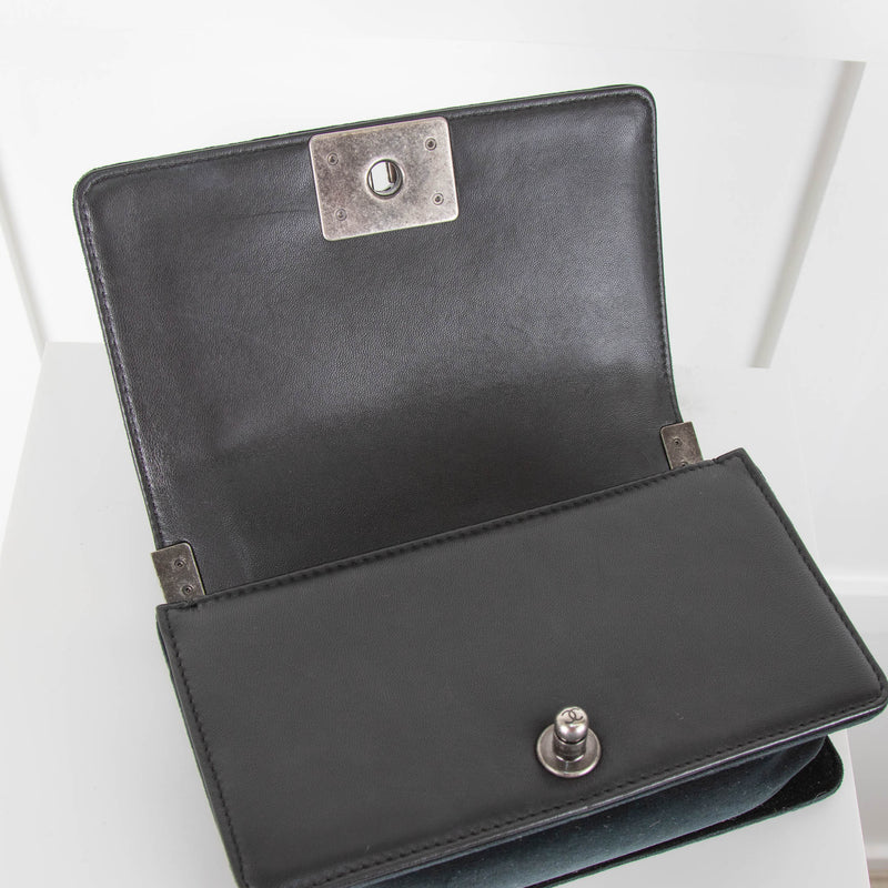 Chanel Black Velvet Ruthenium Chain Small Flap Boy Handbag