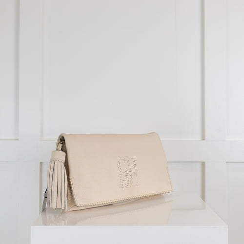 Carolina Herrera Cream Leather Clutch with Tassle and Chain Strape