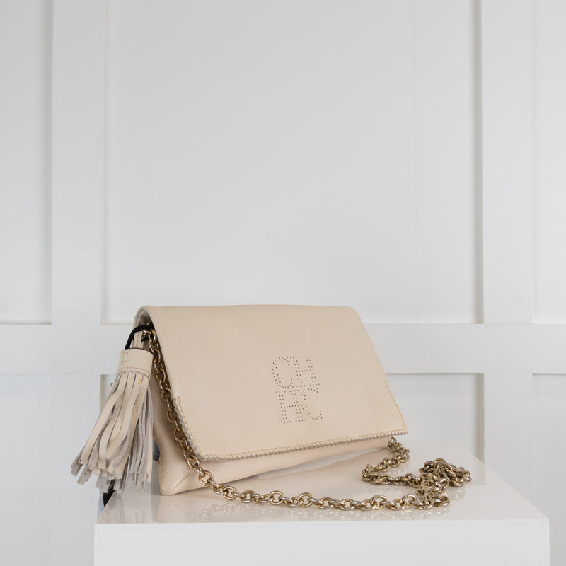 Carolina Herrera Cream Leather Clutch with Tassle and Chain Strape