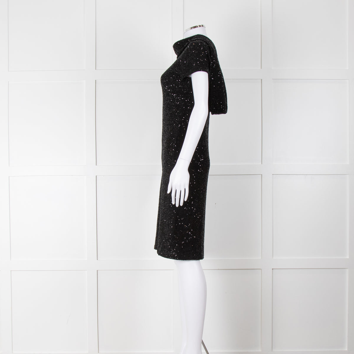 Oscar De La Renta Black Stretch Drop Back Cowl Neck Sequin Dress