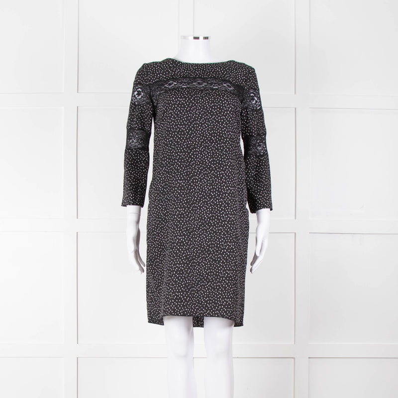 Sandro Black White Print Lace Detail Mini Dress