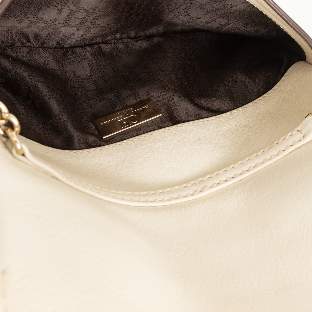 Carolina Herrera Cream Leather Clutch with Tassle and Chain Strape