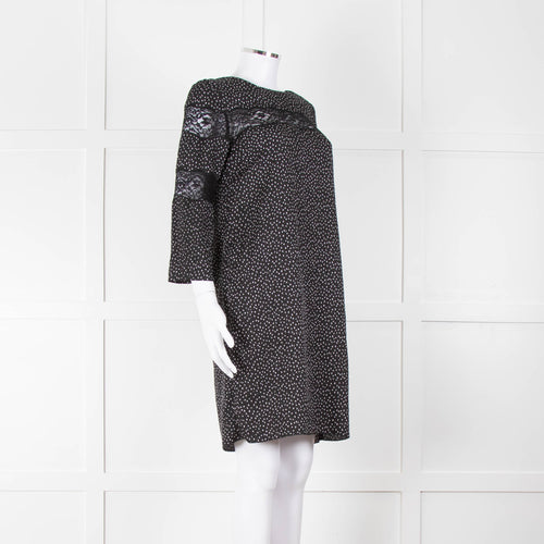 Sandro Black White Print Lace Detail Mini Dress