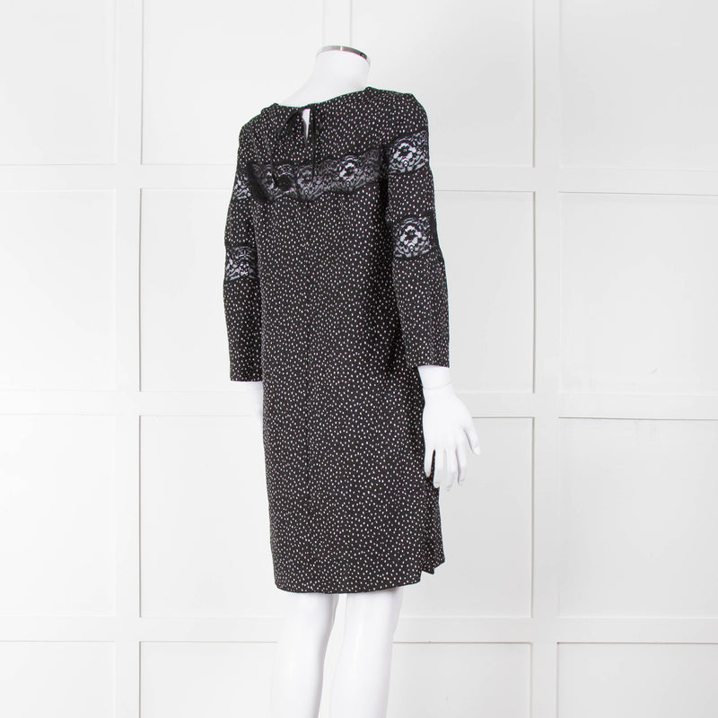 Sandro Black White Print Lace Detail Mini Dress