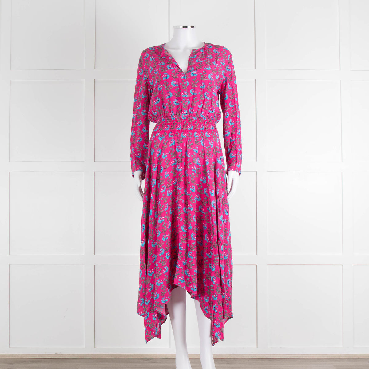 Maje Pink Turquoise Floral Print Ruched Waist Dress