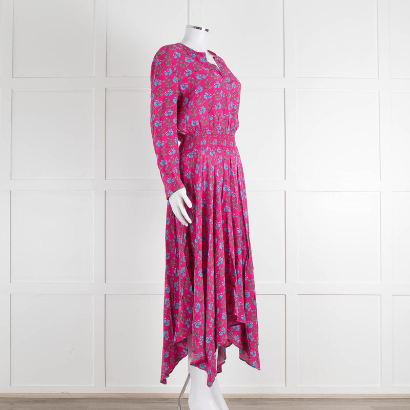 Maje Pink Turquoise Floral Print Ruched Waist Dress