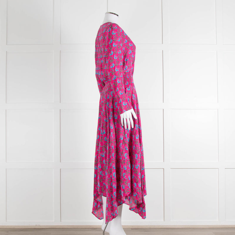Maje Pink Turquoise Floral Print Ruched Waist Dress