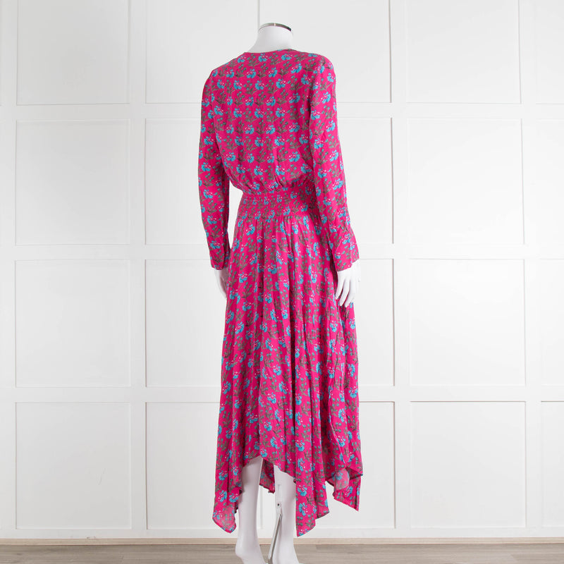 Maje Pink Turquoise Floral Print Ruched Waist Dress