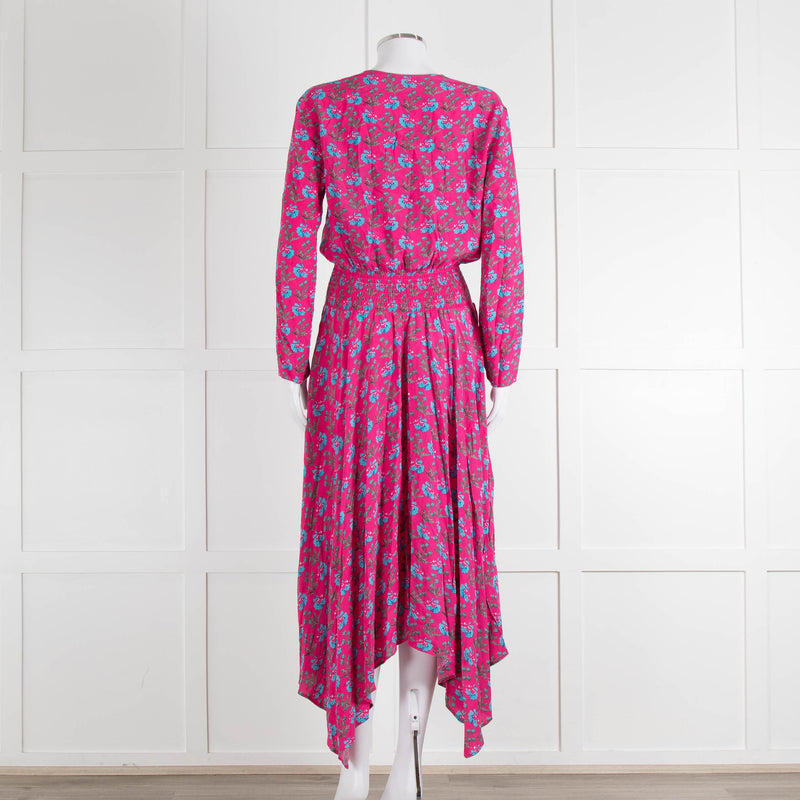 Maje Pink Turquoise Floral Print Ruched Waist Dress