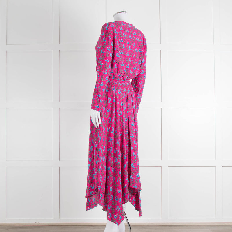 Maje Pink Turquoise Floral Print Ruched Waist Dress