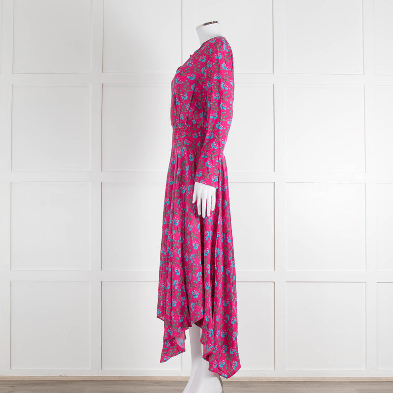 Maje Pink Turquoise Floral Print Ruched Waist Dress