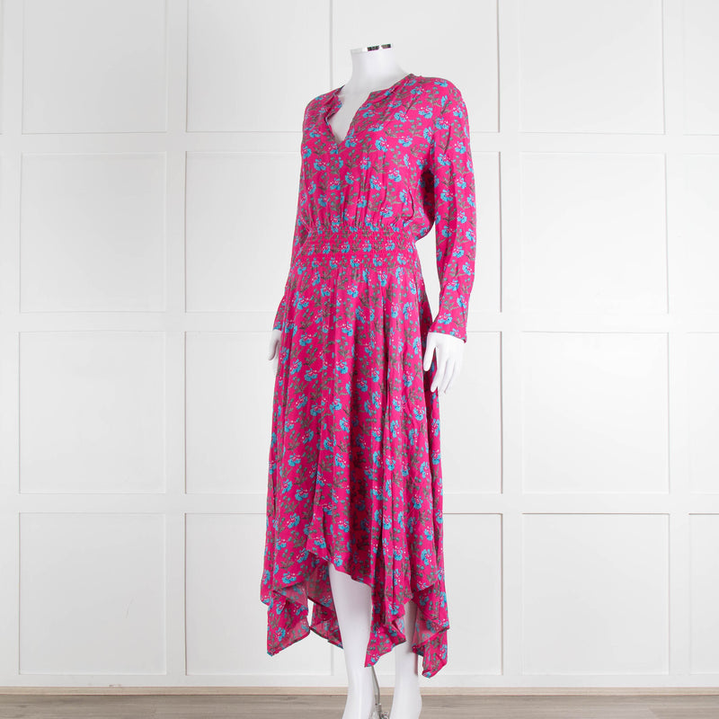 Maje Pink Turquoise Floral Print Ruched Waist Dress