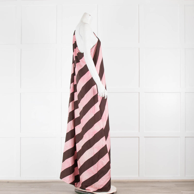 La Double J Brown and Pink Silk Stripe One Shoulder Maxi Dress