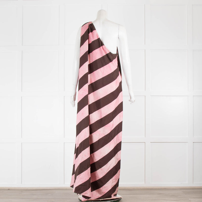 La Double J Brown and Pink Silk Stripe One Shoulder Maxi Dress