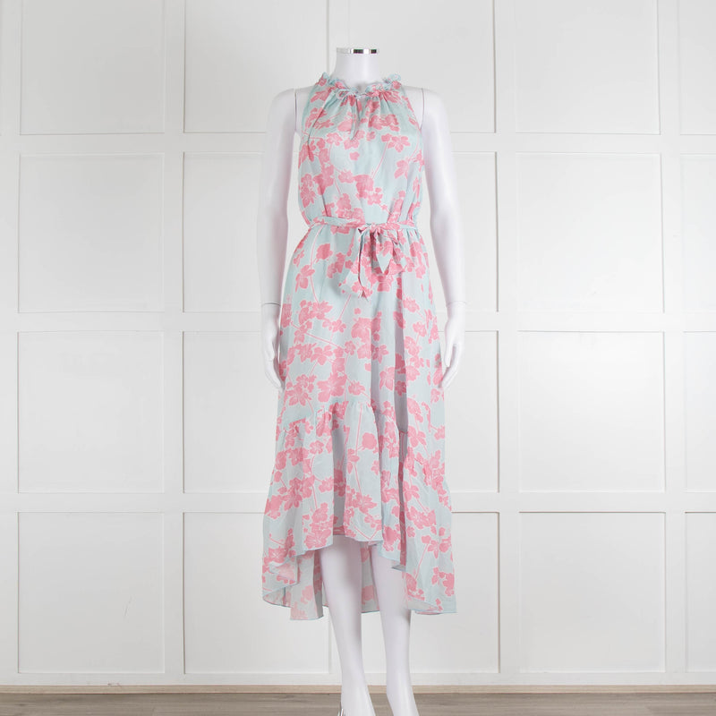 Heidi Klein Pale Blue Pink Floral Sleeveless Silk Belted Dress