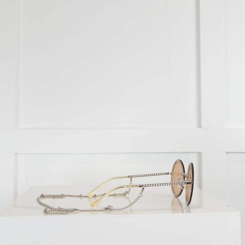 Chanel Round Frame Chain Trimmed Sunglasses with Chain